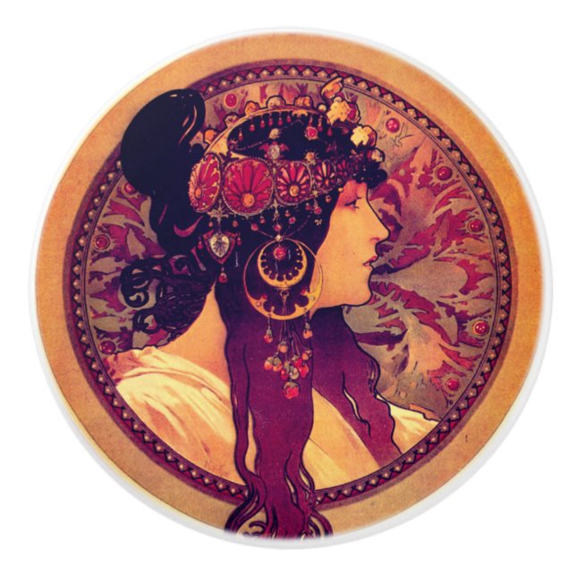 Art nouveau Alphonse Mucha Donna elegant woman Ceramic Knob (Front)