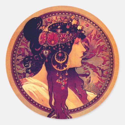 Art nouveau Alphonse Mucha Donna elegant woman Classic Round Sticker