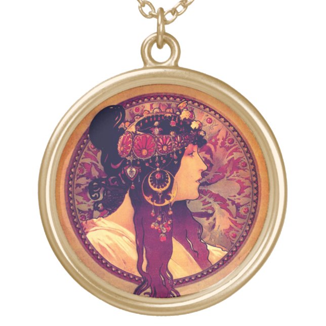 Art nouveau Alphonse Mucha Donna elegant woman Gold Plated Necklace (Front)