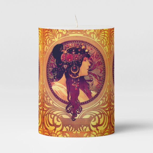 Art nouveau Alphonse Mucha Donna elegant woman  Pillar Candle (Front)