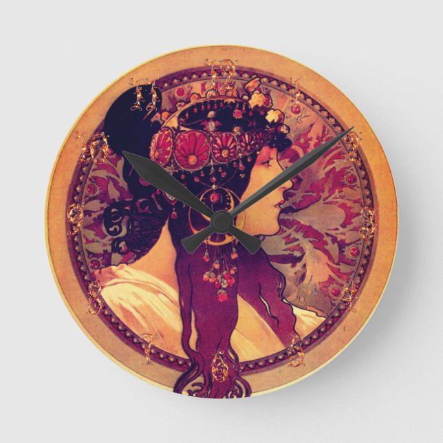 Art nouveau Alphonse Mucha Donna elegant woman Round Clock (Front)