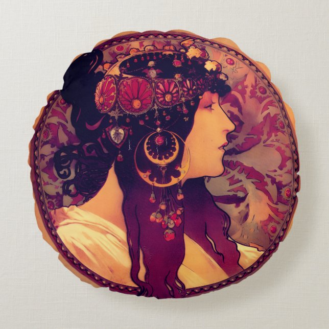 Art nouveau Alphonse Mucha Donna Orechini elegant  Round Pillow (Front)