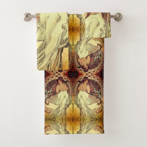 Art nouveau Alphonse Mucha elegant vintage woman Bath Towel Set