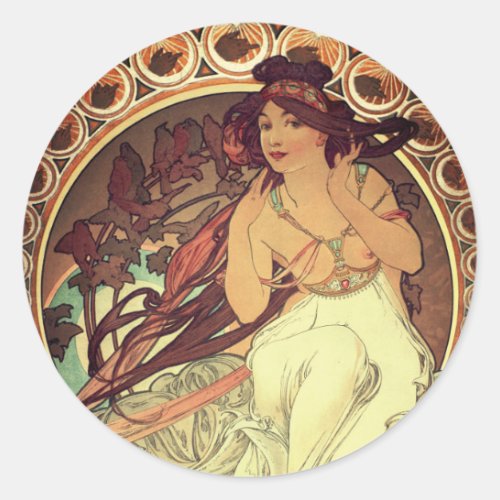 Art nouveau Alphonse Mucha elegant vintage woman Classic Round Sticker