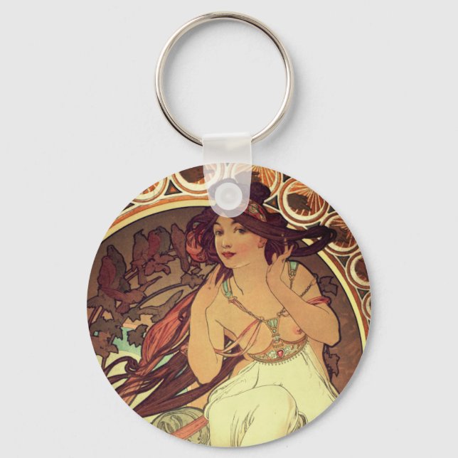 Art nouveau Alphonse Mucha elegant vintage woman  Keychain (Front)