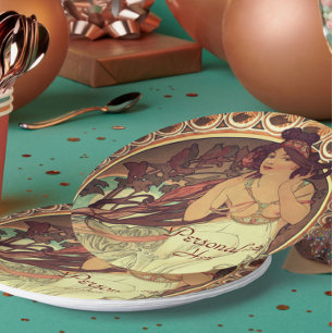Art nouveau Alphonse Mucha elegant vintage woman Paper Plates