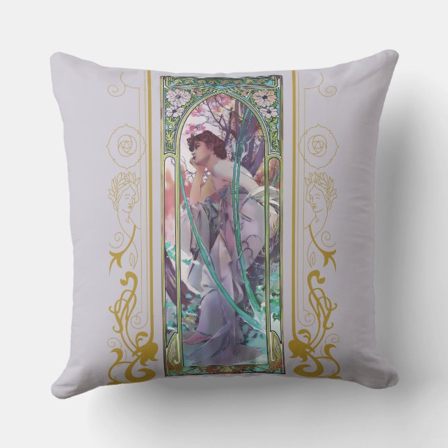 Art Nouveau Alphonse Mucha Evening Contemplation  Throw Pillow (Back)