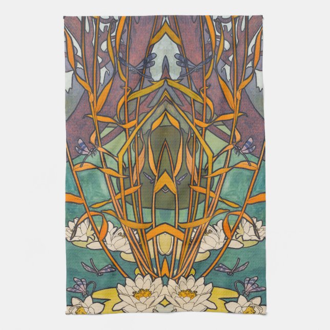 Art nouveau Alphonse mucha flower pond dragonfly Kitchen Towel (Vertical)