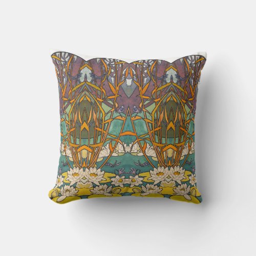 Art nouveau Alphonse mucha flower pond dragonfly Throw Pillow