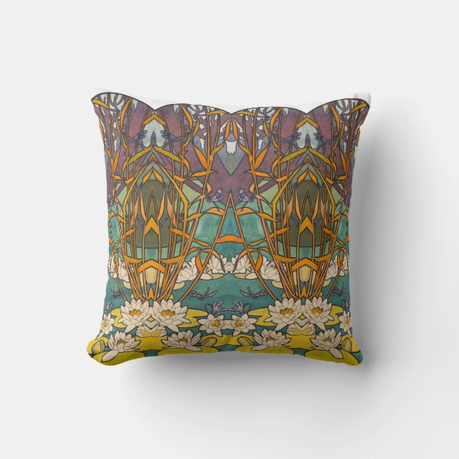 Art nouveau Alphonse mucha flower pond dragonfly Throw Pillow (Front)
