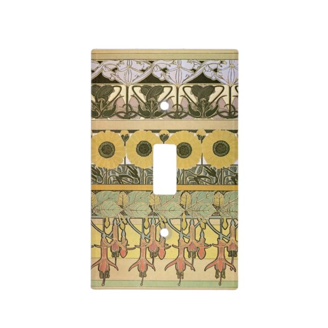 Art nouveau alphonse mucha fuschia sunflower flora light switch cover (Front)