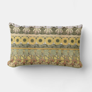 Art nouveau alphonse mucha fuschia sunflower flora lumbar pillow