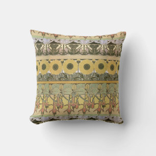 Art nouveau alphonse mucha fuschia sunflower flora throw pillow