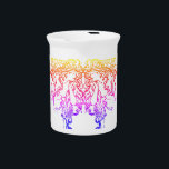 Art nouveau Alphonse Mucha salon woman colorful  Beverage Pitcher<br><div class="desc">Classic art nouveau Alphonse Mucha image of a woman primping under the word salon.. Very posh. Done in a mirrored design In pink,  purple,  yellow and red.</div>