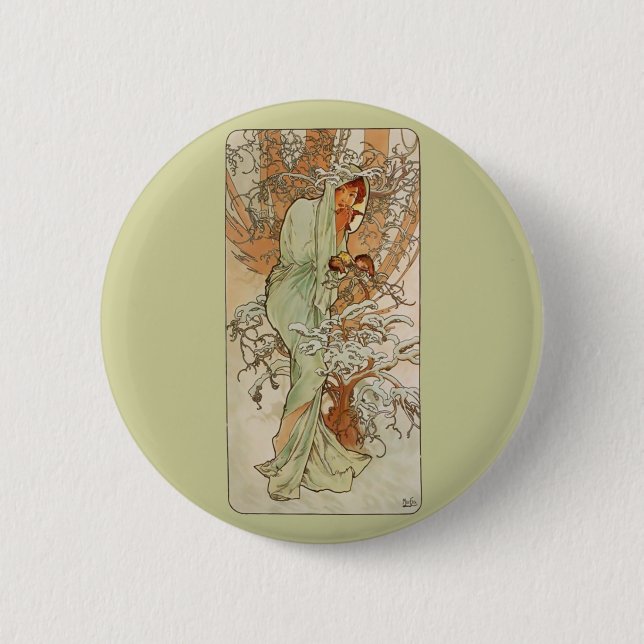 Art Nouveau - Alphonse Mucha - Winter Pinback Button (Front)
