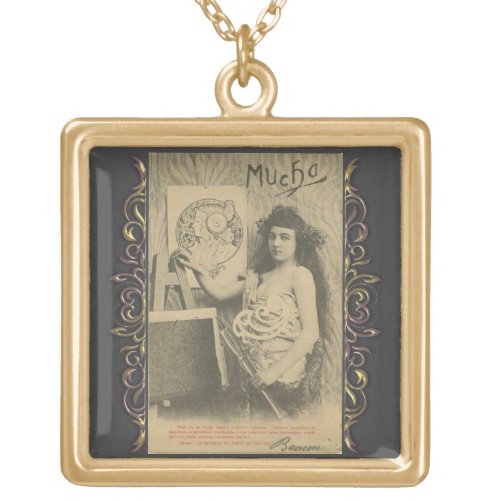 Art nouveau Alphonse mucha woman art model Gold Plated Necklace