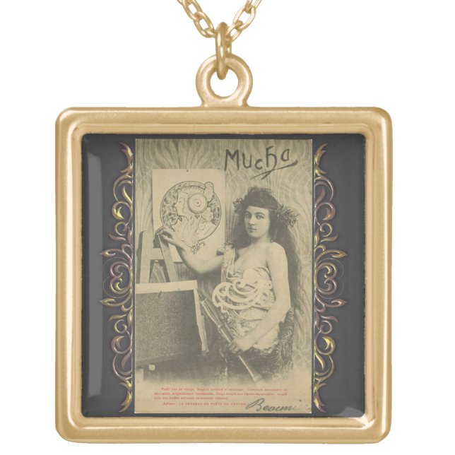 Art nouveau Alphonse mucha woman art model photo  Gold Plated Necklace (Front)