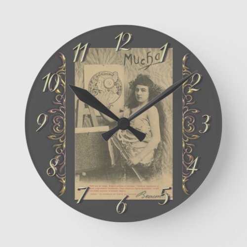 Art nouveau Alphonse mucha woman art model Round Clock
