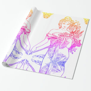 Art nouveau Alphonse Mucha woman with flowers Wrapping Paper