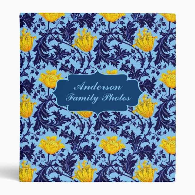 Art Nouveau Anemone, Blue & Yellow Personalized   3 Ring Binder (Front)