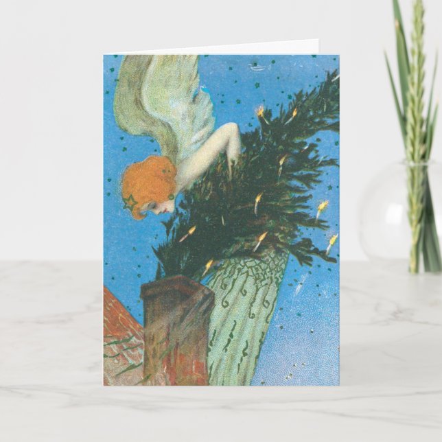 Art Nouveau Angel bringing the Christmas Tree Holiday Card (Front)