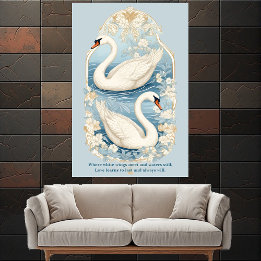 Art Nouveau Aqua Blue Pond Romantic White Swans