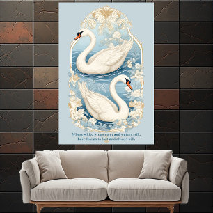 Art Nouveau Aqua Blue Pond Romantic White Swans