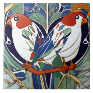 Art Nouveau Art Deco Birds in Red White Blue Green Ceramic Tile