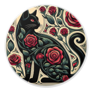 Art Nouveau Art Deco Black Cat Ceramic Knob