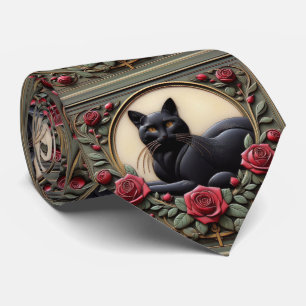 Art Nouveau Art Deco Black Cat with Red Roses Neck Tie