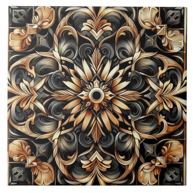 Art Nouveau / Art Deco Elegant  Black and Gold  Ceramic Tile (Front)
