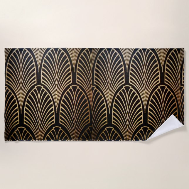 Art nouveau, art deco, fan pattern, bronze,gold,bl beach towel (Front)