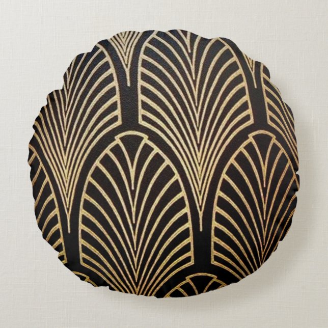 Art nouveau, art deco, fan pattern, bronze,gold,bl round pillow (Front)