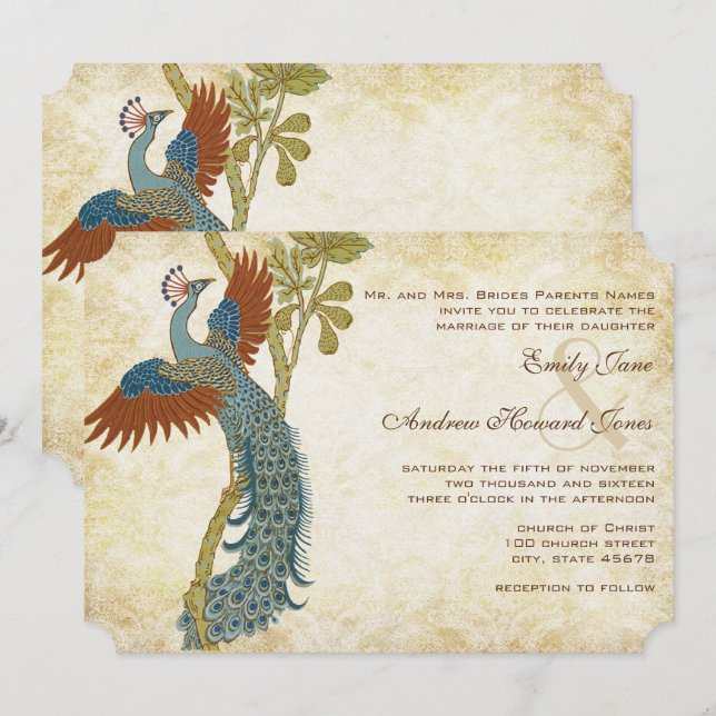 Art Nouveau Art Deco Peacock Birds Wedding Invitation (Front/Back)
