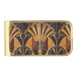 art Nouveau,art deco, vintage, multi wood colours, Gold Finish Money Clip