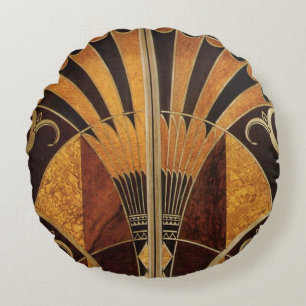 art Nouveau,art deco, vintage, multi wood colours, Round Pillow