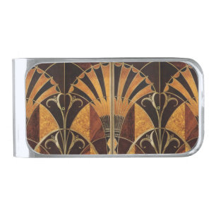 art Nouveau,art deco, vintage, multi wood colours, Silver Finish Money Clip