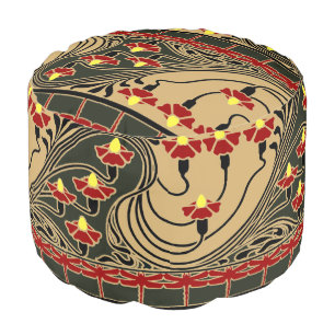 Art Nouveau Arts & Crafts Dragonfly Floral Frieze Pouf