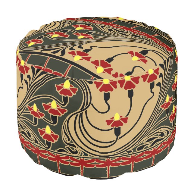Art Nouveau Arts & Crafts Dragonfly Floral Frieze Pouf (Angled Front)