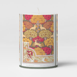 Art nouveau autumn trees and deer Vintage fall  Pillar Candle