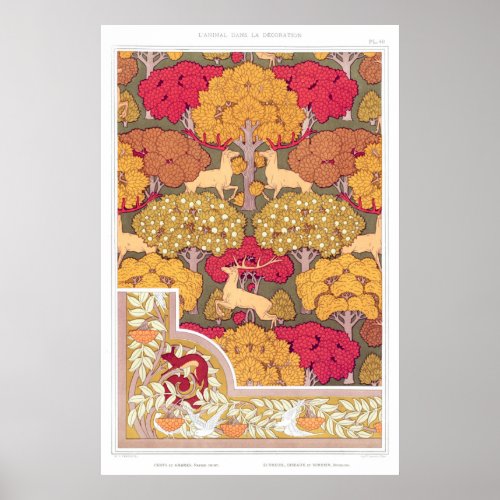 Art nouveau autumn trees and deer Vintage fall Poster