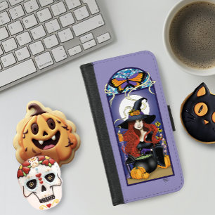 Art Nouveau Autumn Witch Pumpkins Purple Moon iPhone 8/7 Wallet Case