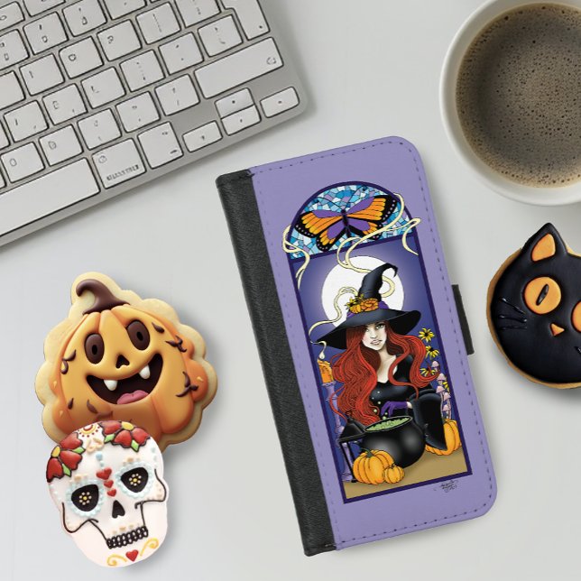Art Nouveau Autumn Witch Pumpkins Purple Moon iPhone Wallet Case (Creator Uploaded)