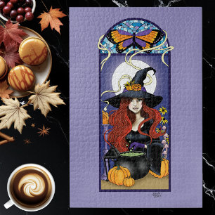 Art Nouveau Autumn Witch Pumpkins Purple Moon Jigsaw Puzzle