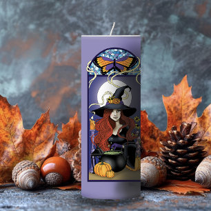 Art Nouveau Autumn Witch Pumpkins Purple Moon Pillar Candle