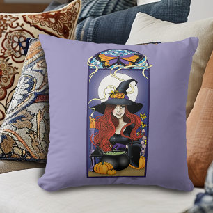 Art Nouveau Autumn Witch Pumpkins Purple Moon Throw Pillow