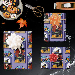 Art Nouveau Autumn Witch Pumpkins Purple Moon Wrapping Paper Sheets