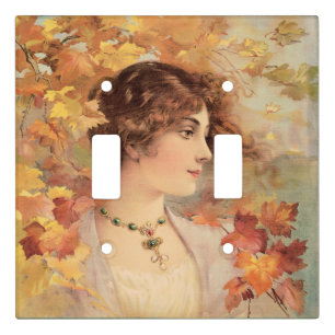 Art Nouveau Autumn Woman Golden Foliage Print Light Switch Cover
