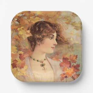 Art Nouveau Autumn Woman Golden Foliage Print Paper Plates