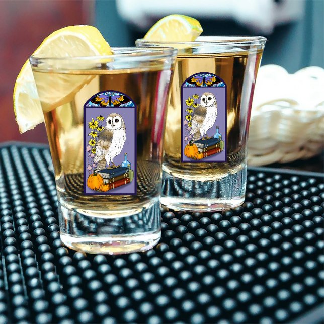 Art Nouveau Barn owl Pumpkins Books Shot Glass (Creator Uploaded)